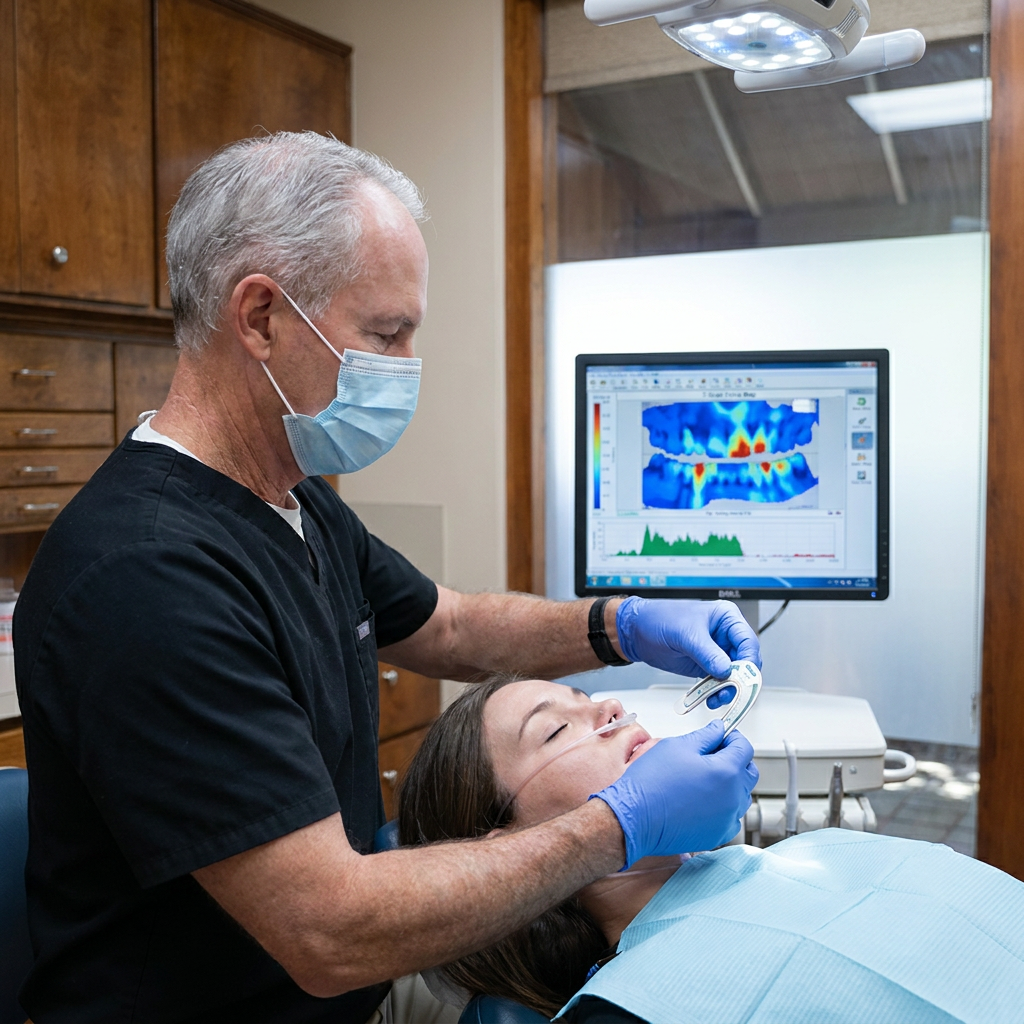 Dr. Cutbirth uses a T-Scan sensor to analyze the bite of a sedated patient at his dental practice in Waco, Texas.