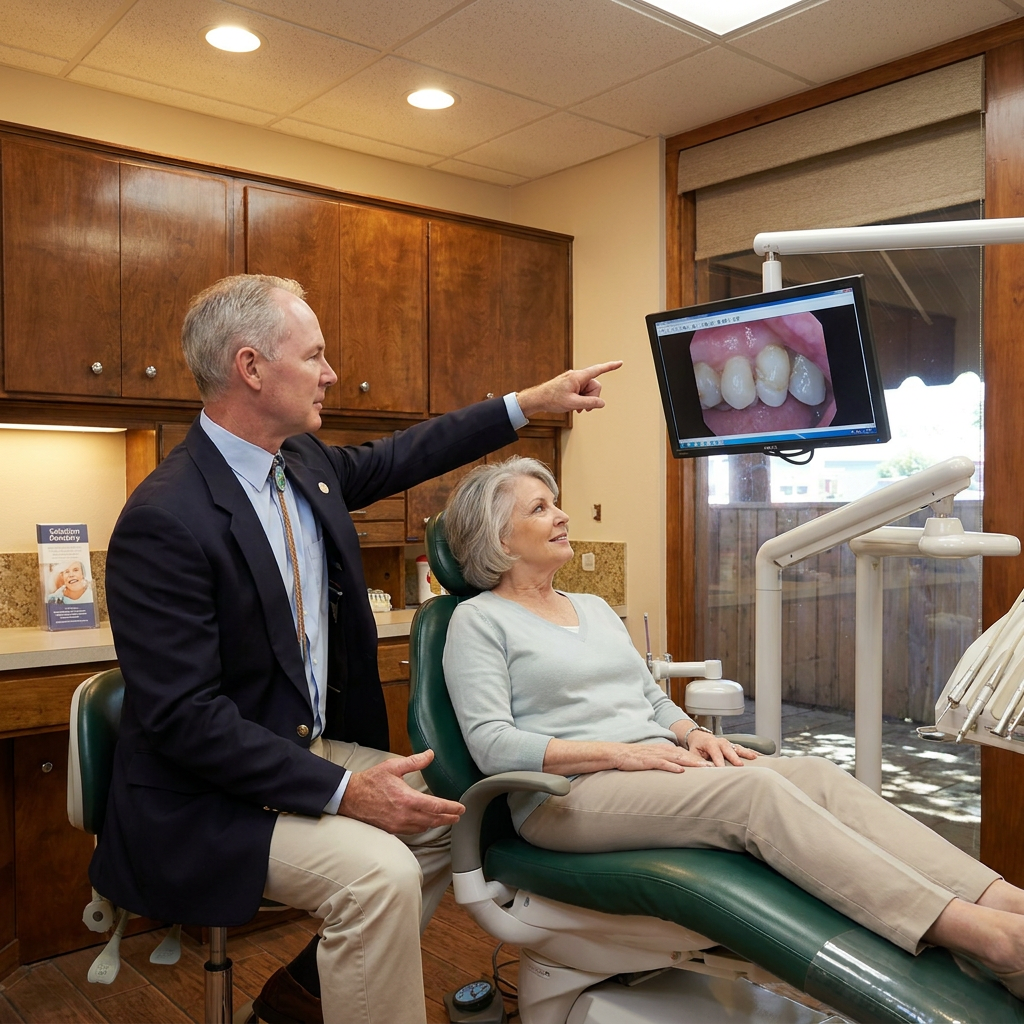 Dr. Cutbirth points to a monitor while discussing sedation dentistry with a patient at his Waco, TX dental practice.