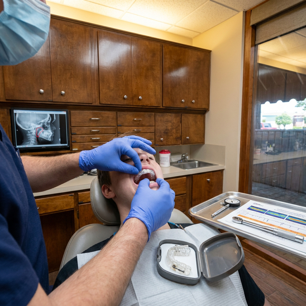 Gloved hands place a mandibular advancement device for sleep apnea treatment at Steven T. Cutbirth DDS in Waco, Texas.