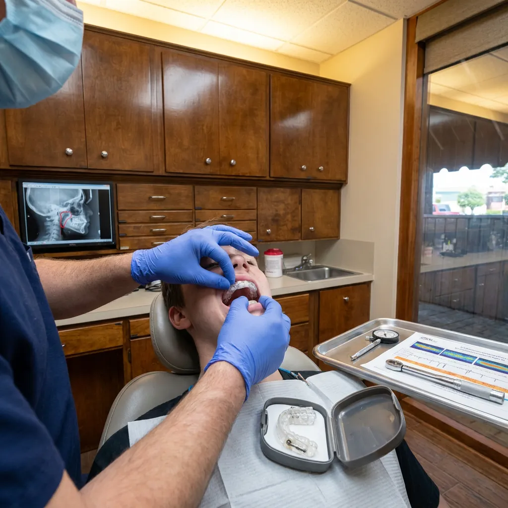 Gloved hands place a mandibular advancement device for sleep apnea treatment at Steven T. Cutbirth DDS in Waco, Texas.