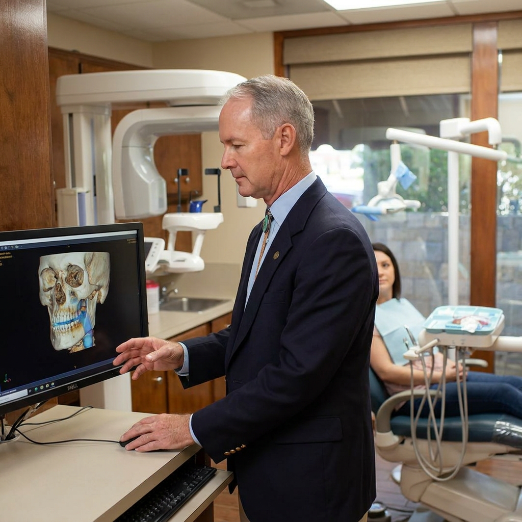 Dr. Steven T. Cutbirth examines a 3D CBCT airway scan for sleep apnea treatment at his dental office in Waco, Texas.