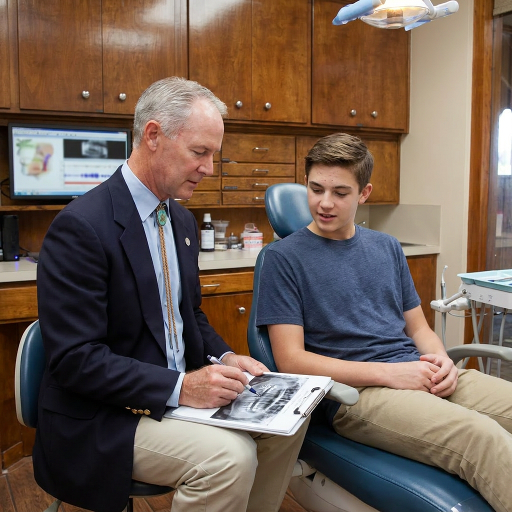 Dr. Steven T. Cutbirth uses an X-ray to explain sleep apnea treatment to a teenager in his Waco, TX dental office.