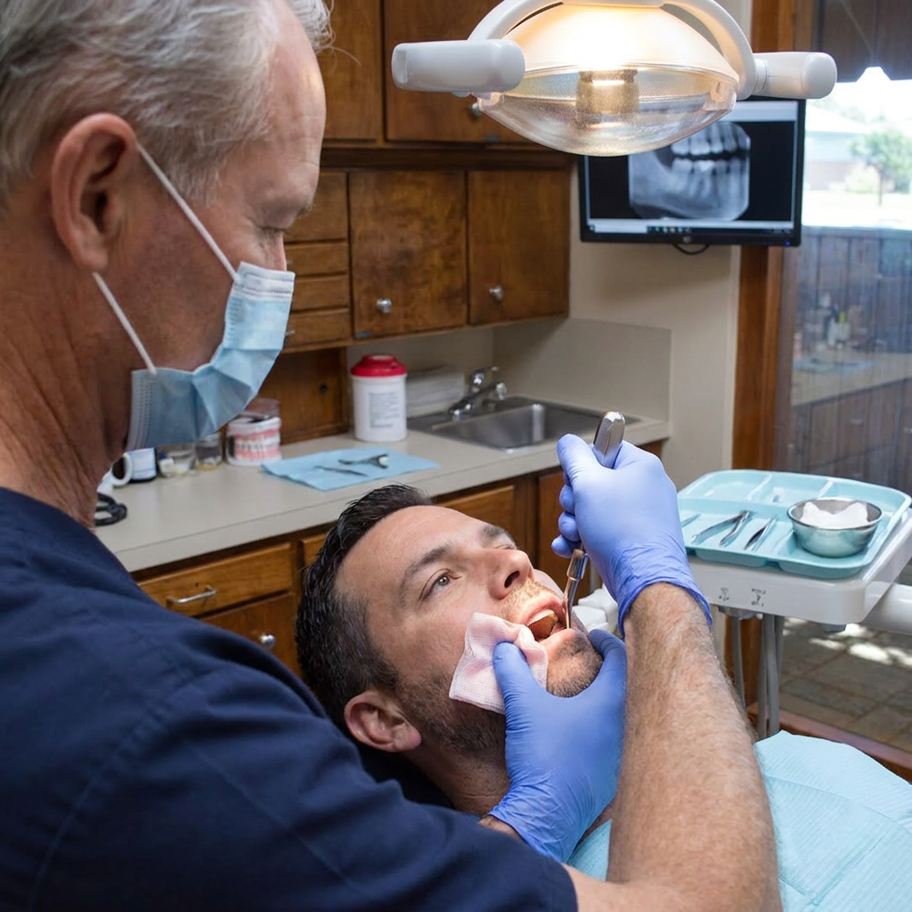 A dentist performs oral surgery at Steven T. Cutbirth DDS in Waco, TX, using a Cryer elevator to extract a molar.