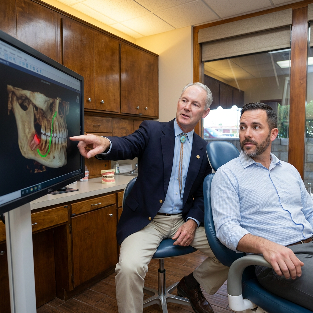Dr. Steven T. Cutbirth shows a 3D jaw scan to a patient during an oral surgery consultation in Waco, TX.