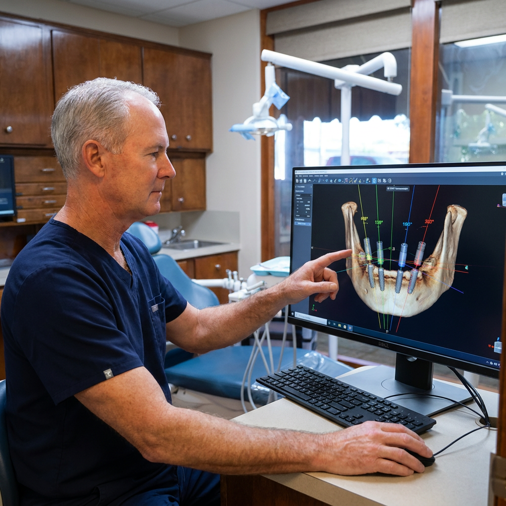 Dr. Cutbirth views 3D implant planning software on a monitor at Steven T. Cutbirth DDS in Waco, TX.