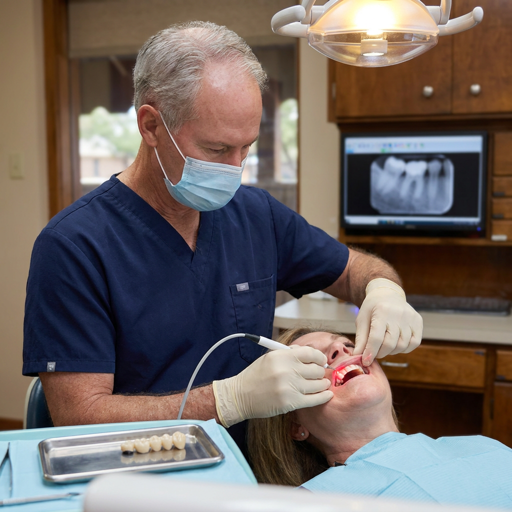 Dr. Steven T. Cutbirth uses a dental laser to contour gum tissue for a bridge in his Waco, TX dental operatory.