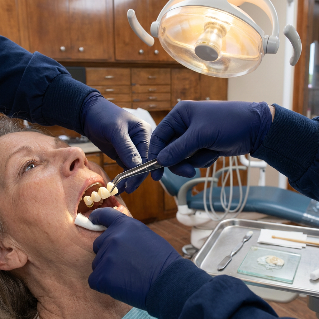 A dentist places a three unit dental bridge onto prepared teeth at Steven T. Cutbirth DDS in Waco, Texas.