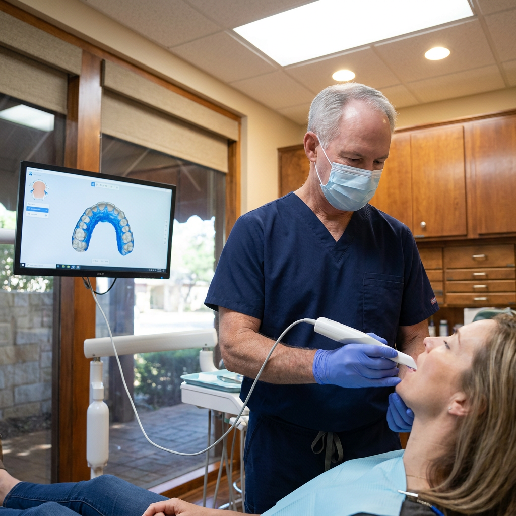 Dr. Cutbirth uses a 3D intraoral scanner for Invisalign at his Waco office as a digital model appears on screen.