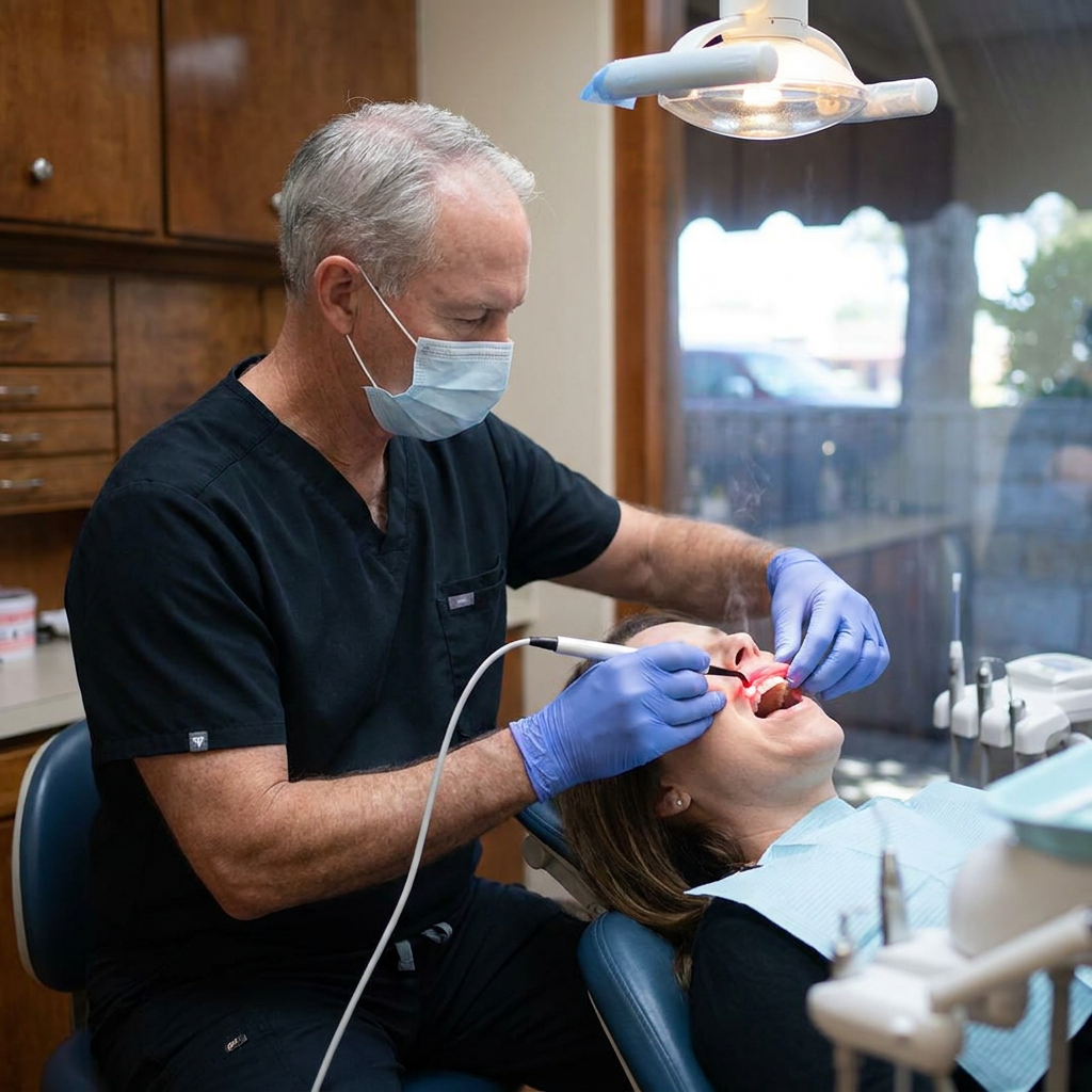 Dr. Cutbirth uses a diode laser for gum contouring at his Waco, TX clinic to reshape a patient's gingival margin.