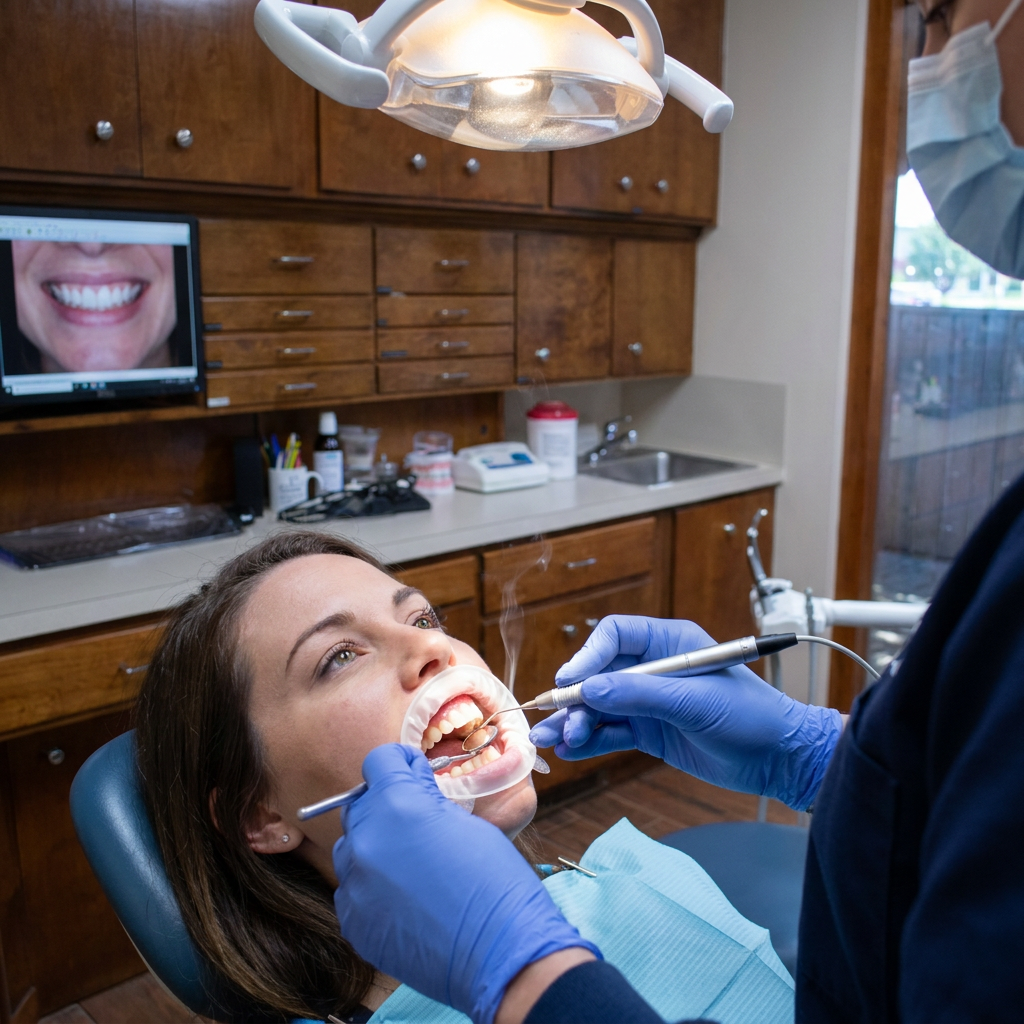 A dentist uses a laser to reshape a patient's gumline at Steven T. Cutbirth DDS in a modern Waco, Texas treatment room.