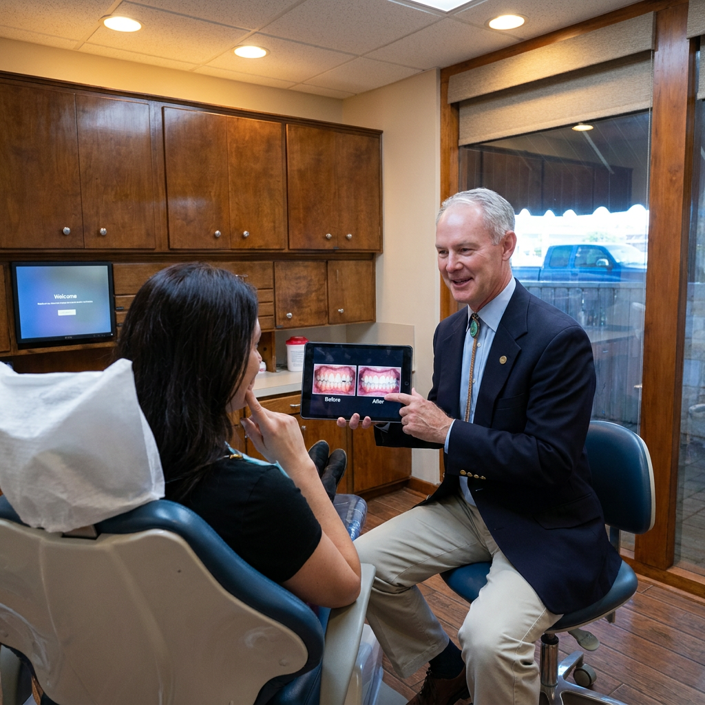 Steven T. Cutbirth DDS shows gum contouring photos on a tablet to a patient in his Waco, Texas dental operatory.