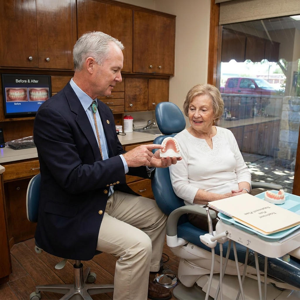 Dr. Cutbirth shows a dental model to a woman during a denture consultation at Steven T. Cutbirth DDS in Waco, TX.