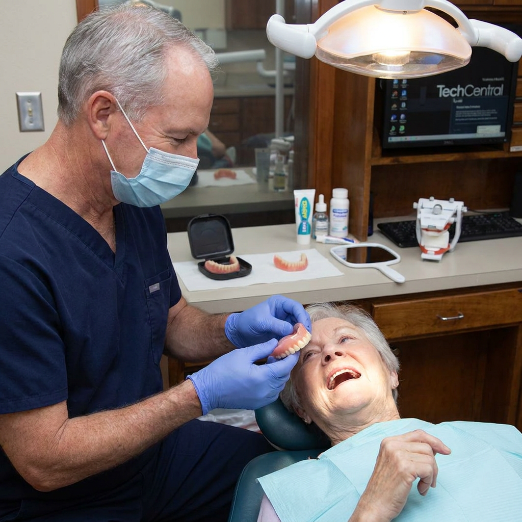 Dr. Cutbirth prepares to place a new upper denture for a patient at Steven T. Cutbirth DDS in Waco, Texas.