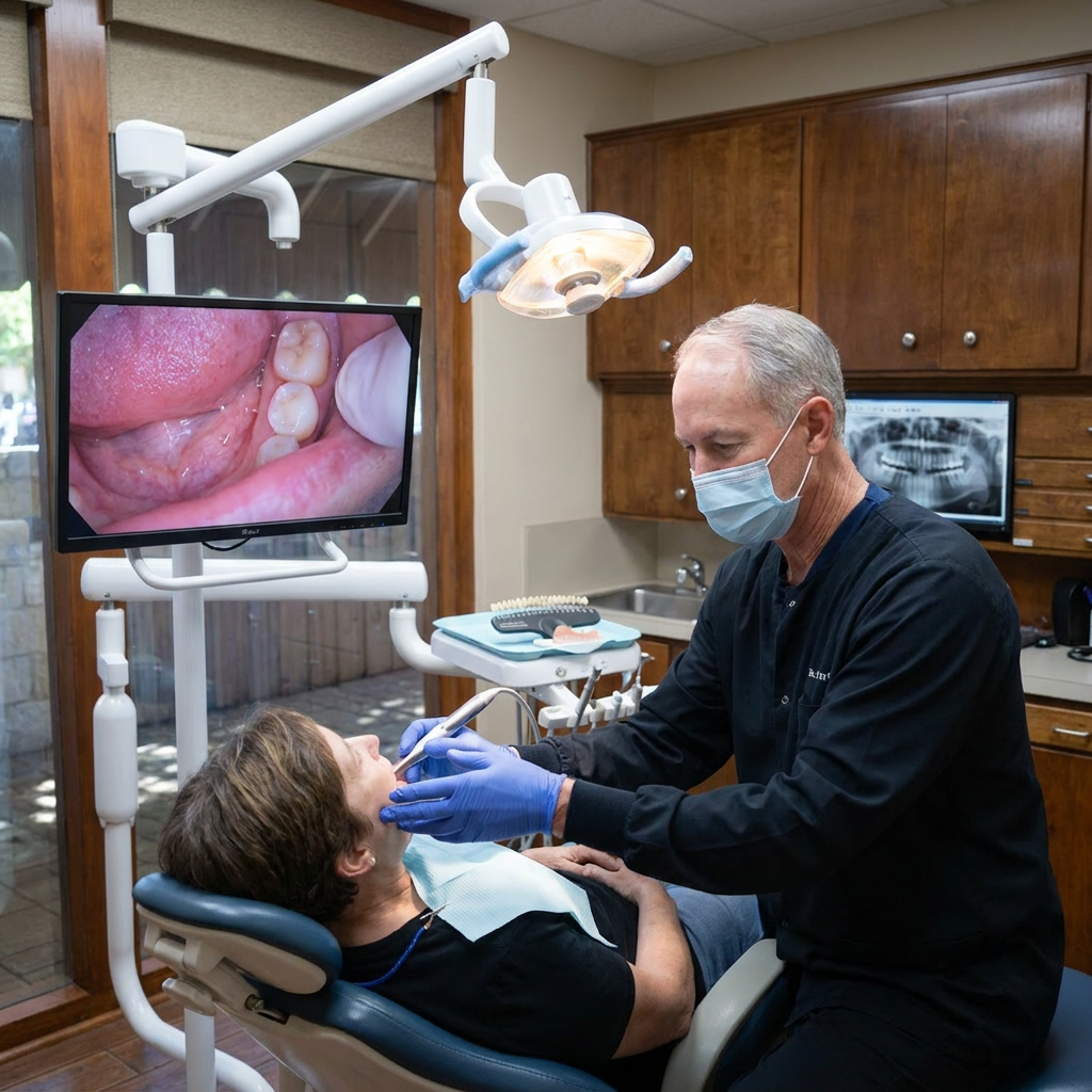 Dr. Cutbirth uses an intraoral camera to examine a patient for dentures at his Waco, TX dental practice.