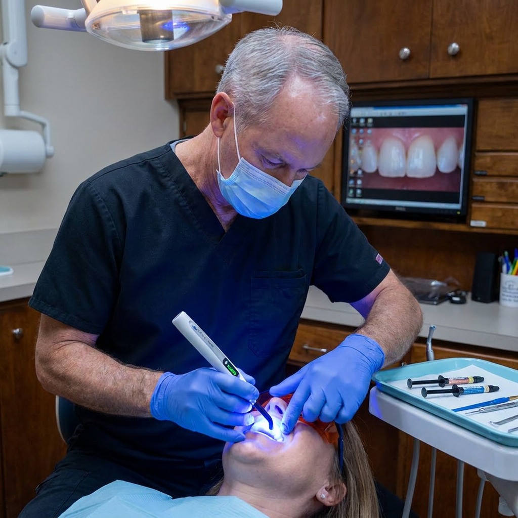 Dr. Steven T. Cutbirth uses a blue curing light for dental bonding on a patient at his Waco, TX dental practice.