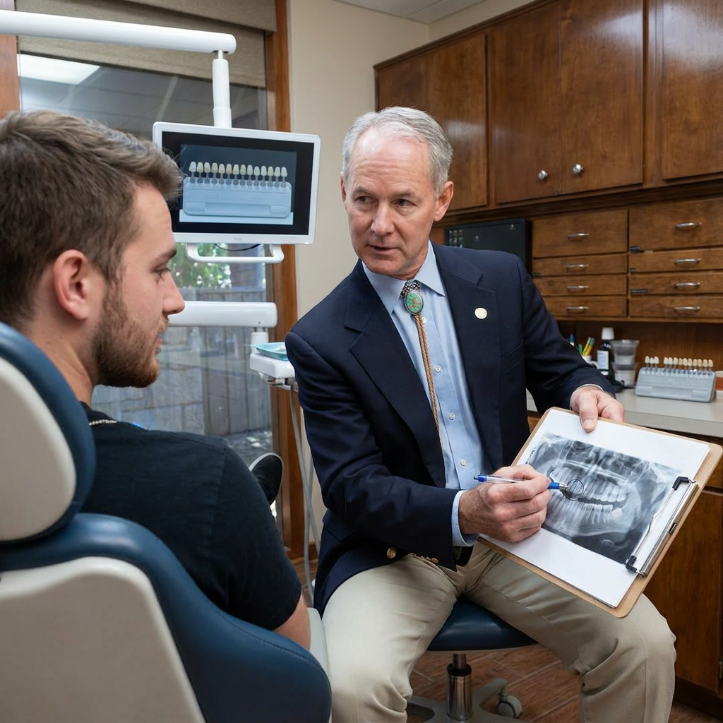 A dentist at Steven T. Cutbirth DDS in Waco uses an X-ray to explain dental bonding to a seated patient.