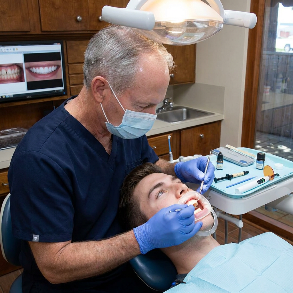 Dr. Cutbirth applies composite resin to a patient tooth for dental bonding at his Waco, TX practice.