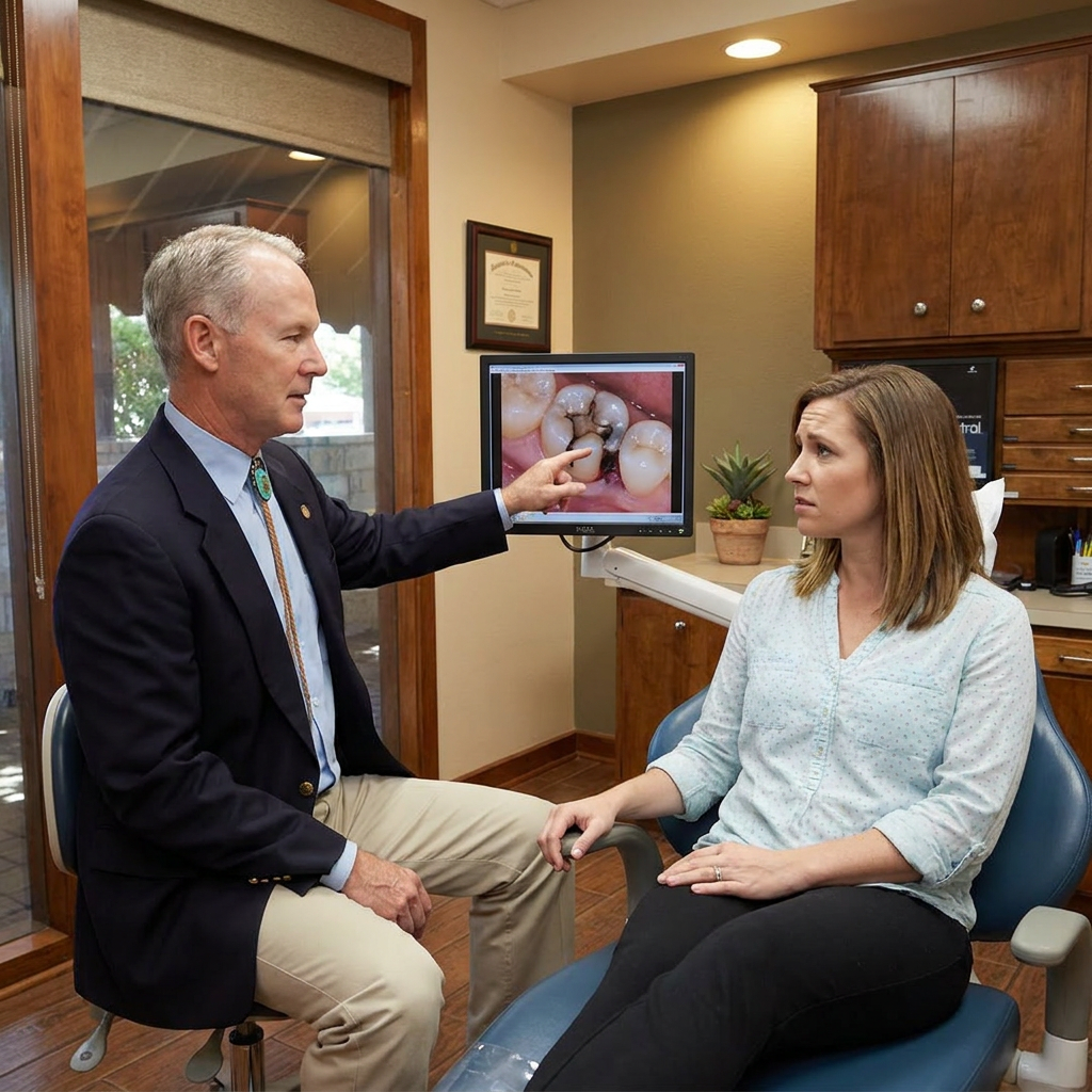 Dr. Cutbirth points to a digital X-ray on a monitor while discussing a root canal with a patient in Waco, TX.