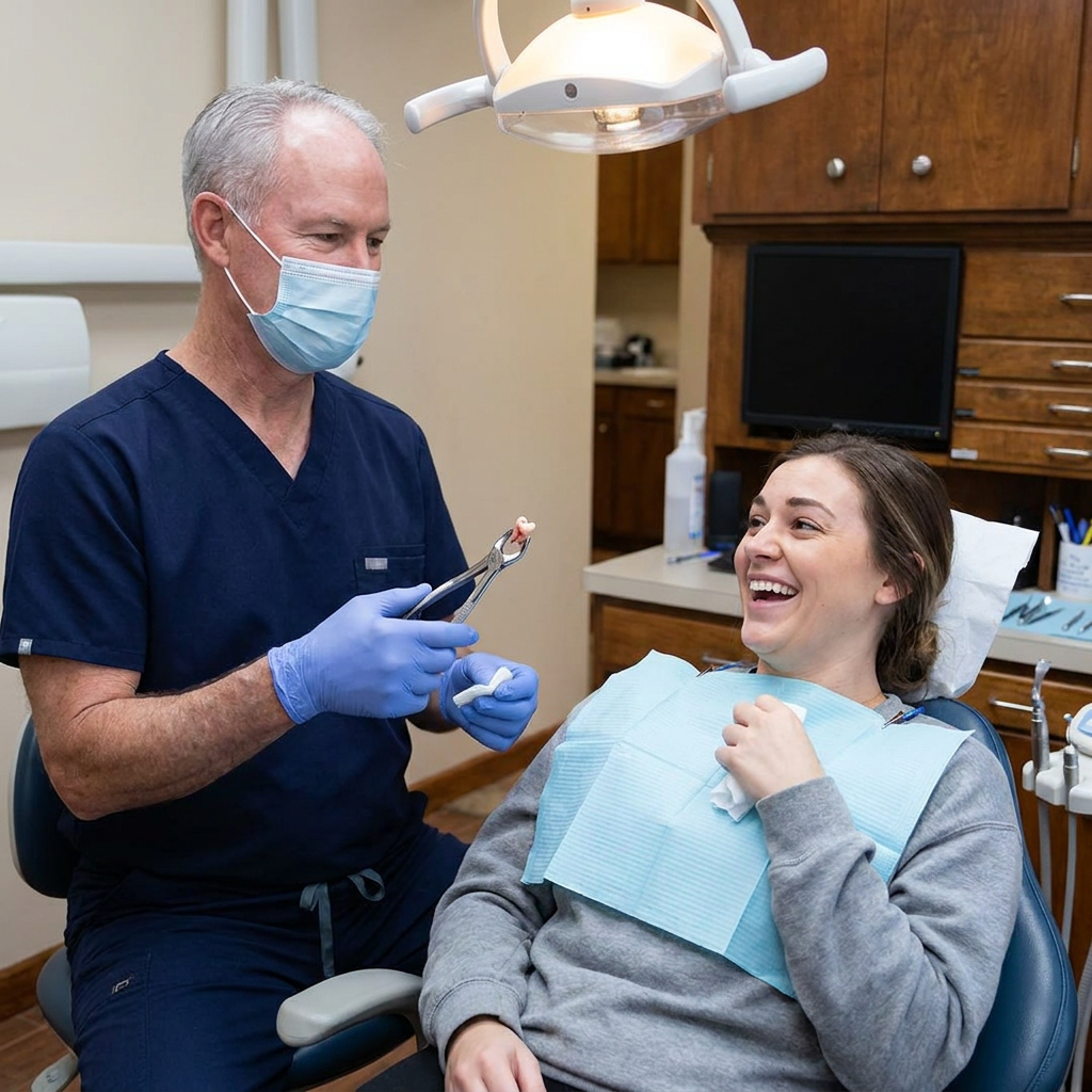 Dr. Cutbirth shows an extracted tooth to a smiling patient at Steven T. Cutbirth DDS in Waco, TX.