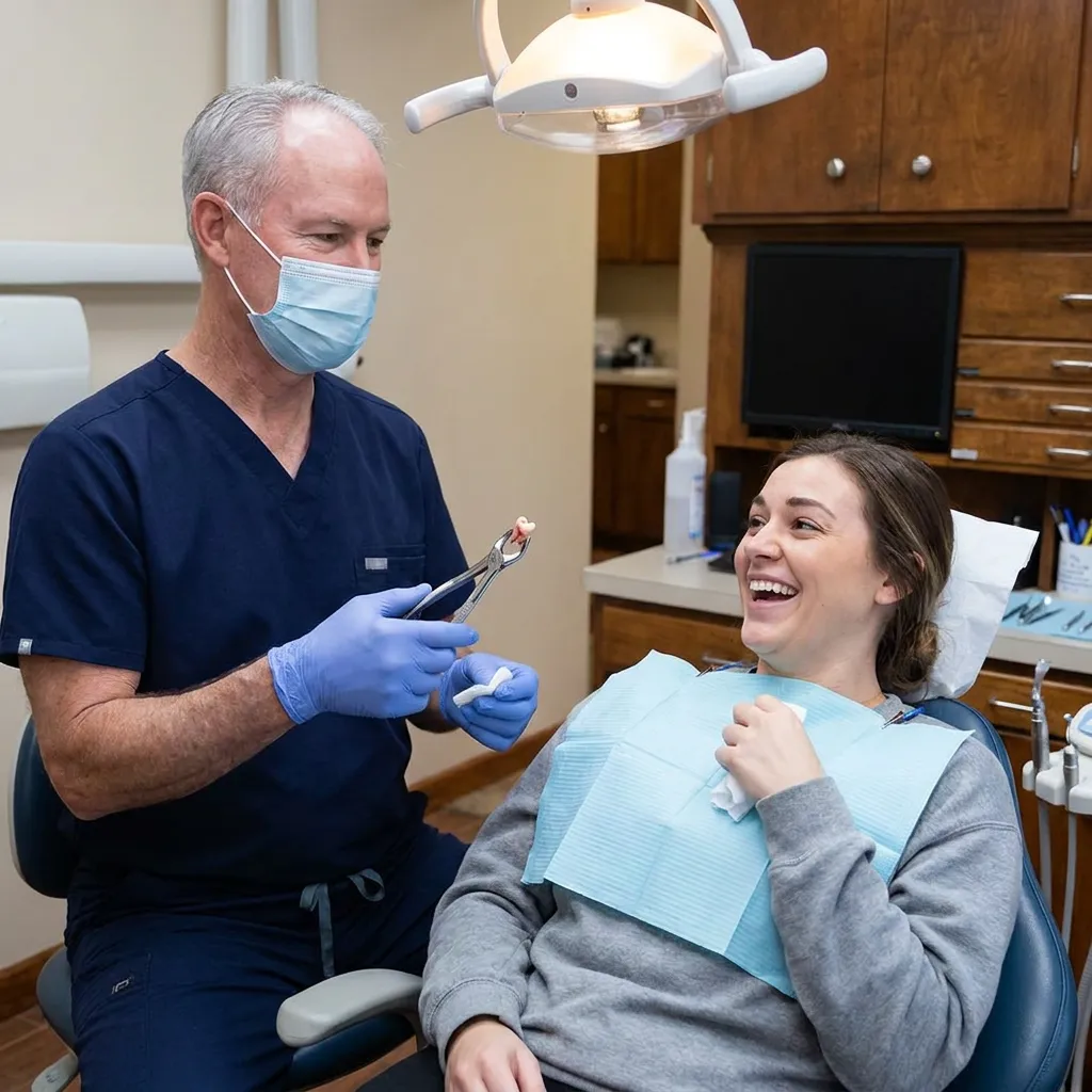 Dr. Cutbirth shows an extracted tooth to a smiling patient at Steven T. Cutbirth DDS in Waco, TX.