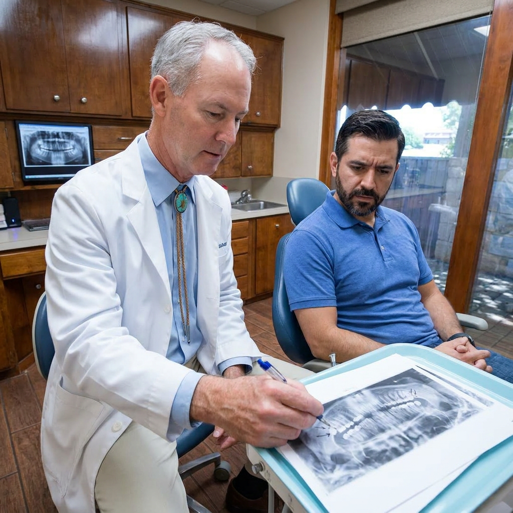 Dr. Cutbirth explains wisdom teeth removal to a patient using an X-ray at Steven T. Cutbirth DDS in Waco, TX.