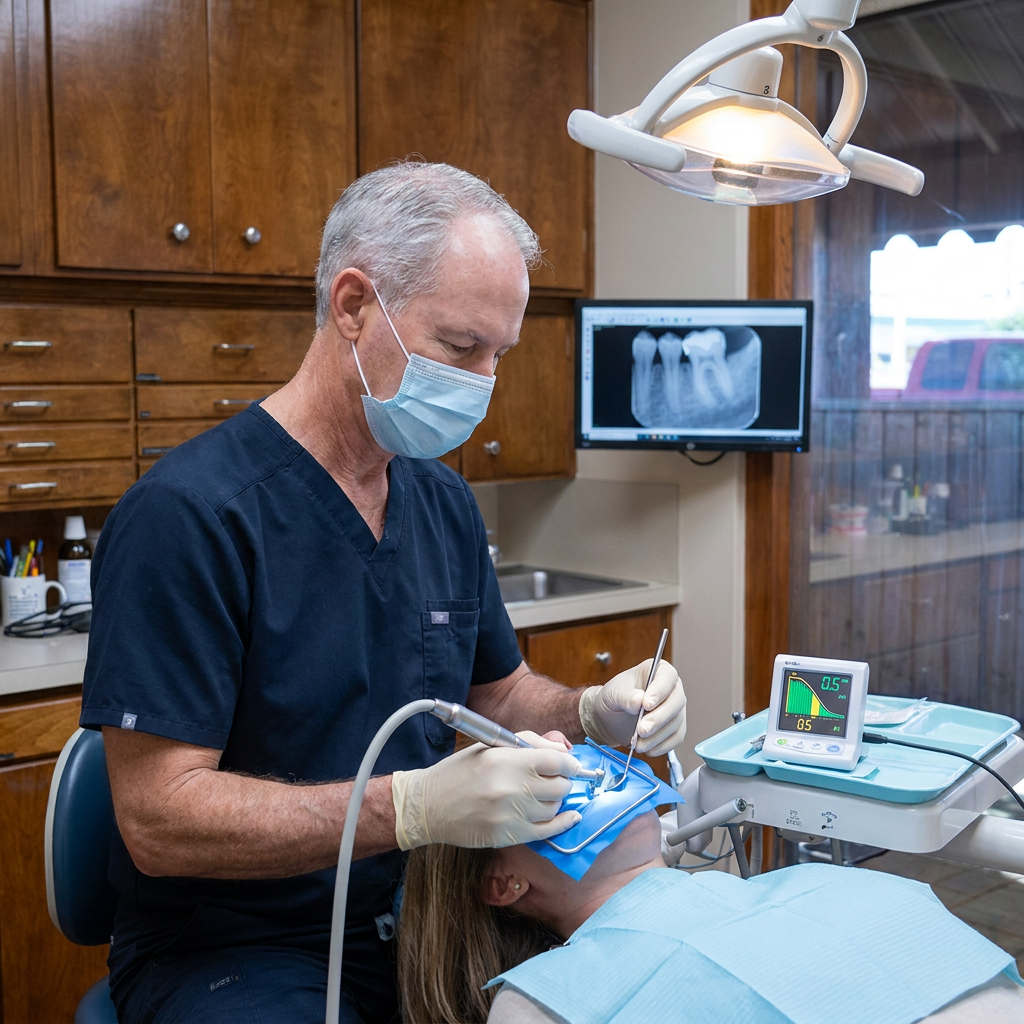Dr. Steven T. Cutbirth performs a root canal using a rotary motor and apex locator at his Waco, TX dental office.