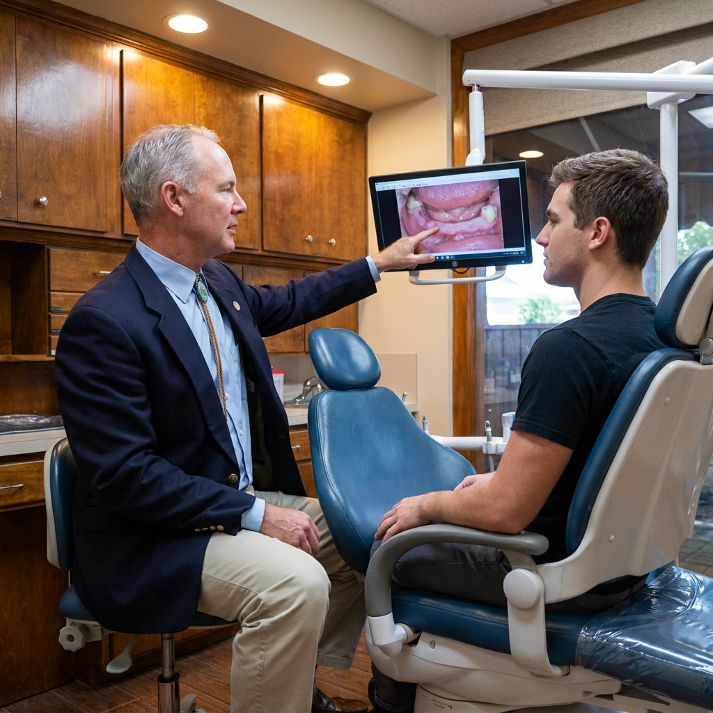 Dr. Steven T. Cutbirth points to a dental implant photo on a monitor while consulting with a patient in Waco, TX.