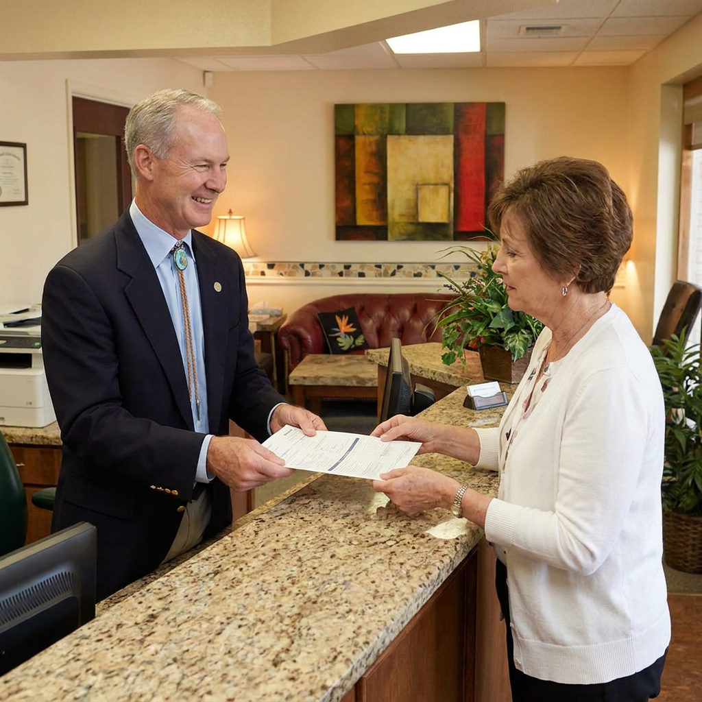 Dr. Cutbirth hands insurance paperwork to a patient at the Steven T. Cutbirth DDS reception desk in Waco.