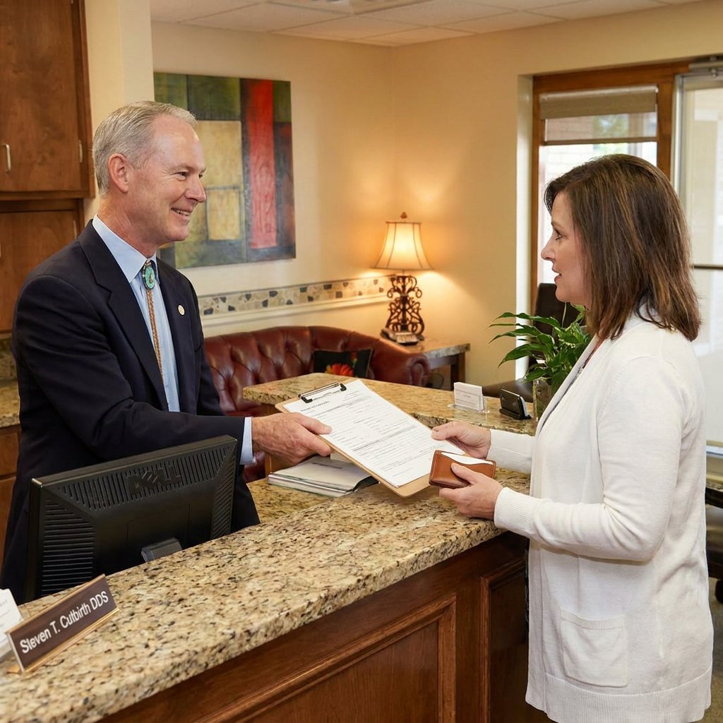 Dr. Cutbirth smiles while handing insurance paperwork to a patient at the Steven T. Cutbirth DDS reception desk in Waco.