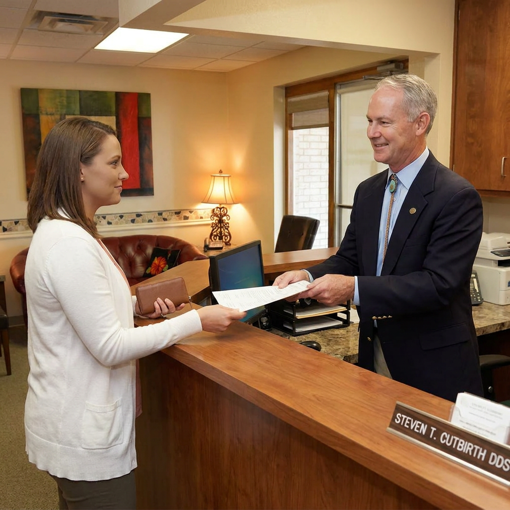 Dr. Cutbirth smiles while handing insurance paperwork to a patient at the Steven T. Cutbirth DDS reception desk in Waco.