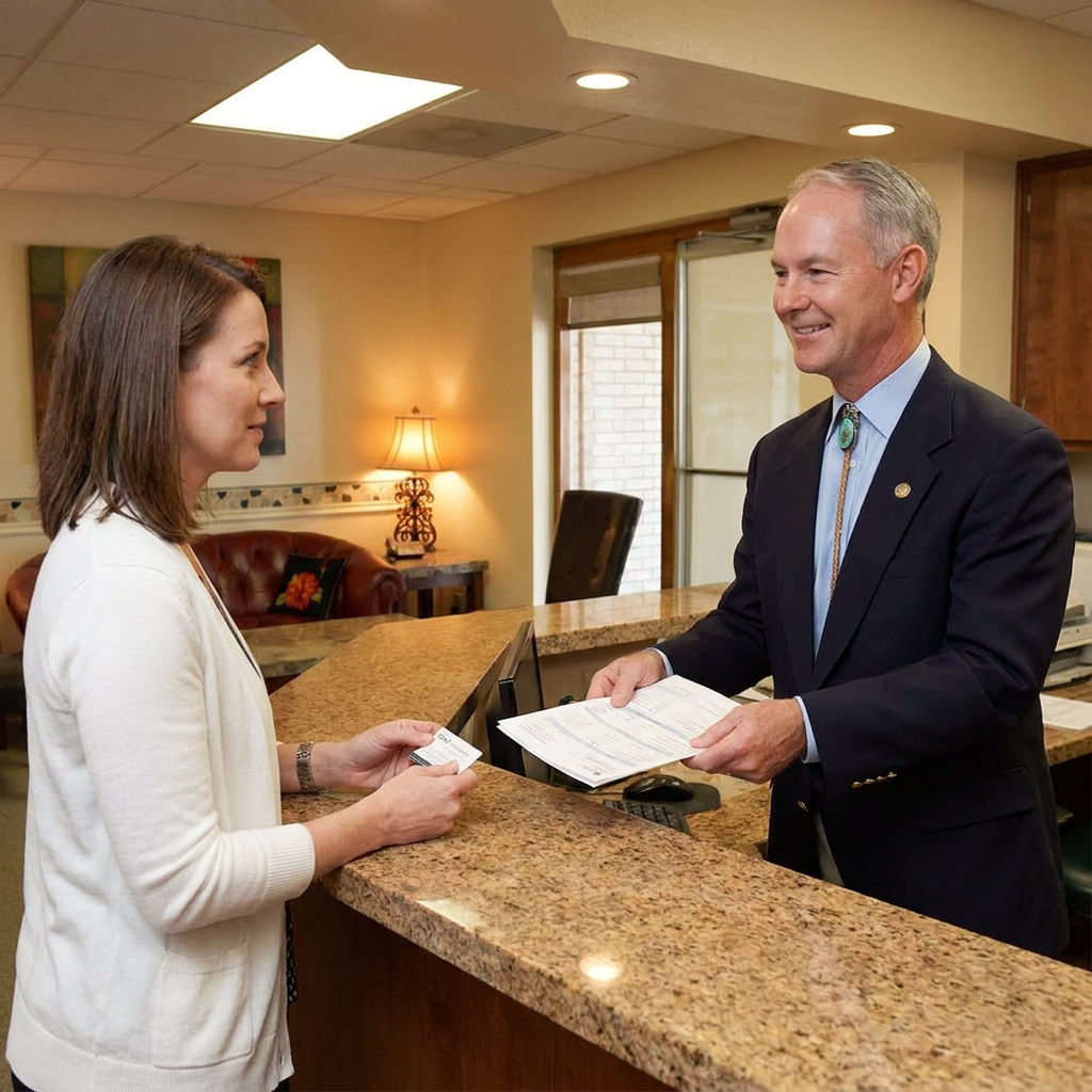 Dr. Cutbirth smiles while handing insurance paperwork to a patient at his Waco dental office reception desk.