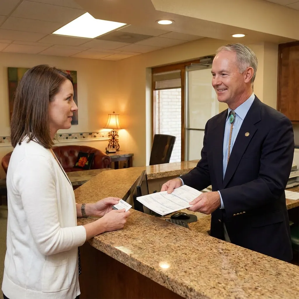 Dr. Cutbirth smiles while handing insurance paperwork to a patient at his Waco dental office reception desk.