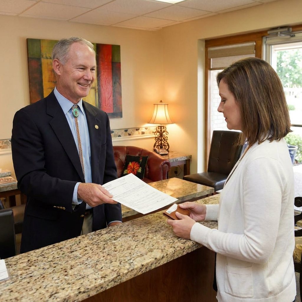 Dr. Cutbirth smiles while handing insurance paperwork to a patient at the Steven T. Cutbirth DDS reception desk in Waco.