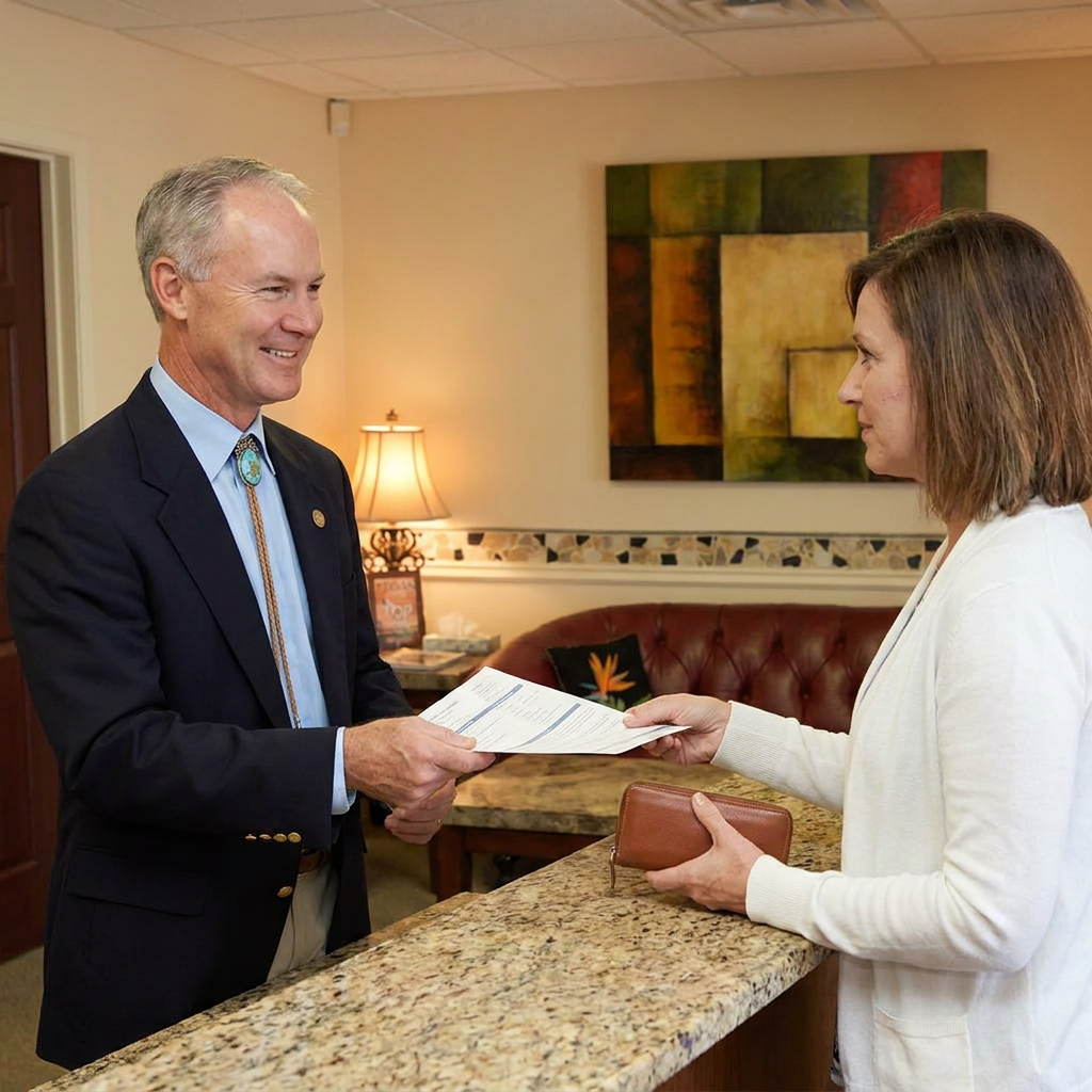 A dentist smiles while handing paperwork to a patient at the Steven T. Cutbirth DDS reception desk in Waco.