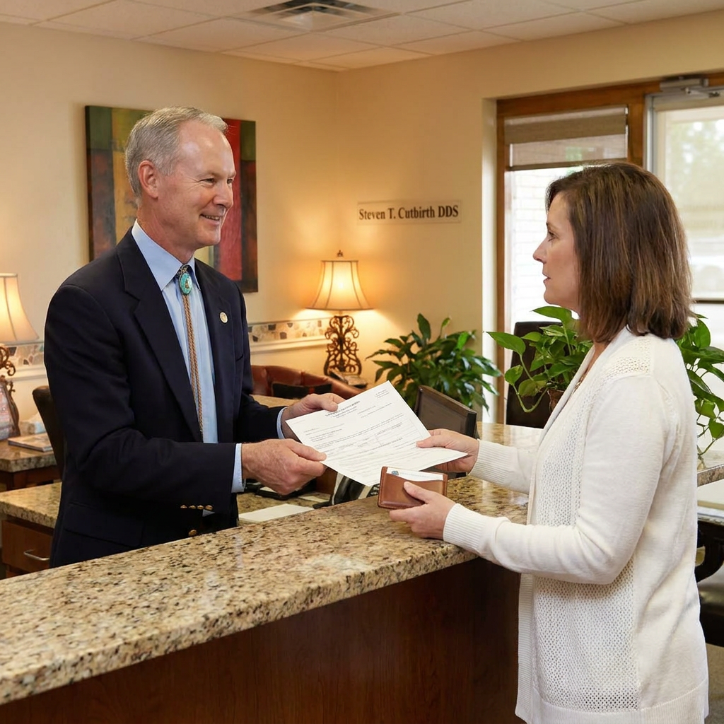 Dr. Cutbirth hands insurance paperwork to a patient at the Steven T. Cutbirth DDS reception desk in Waco, TX.