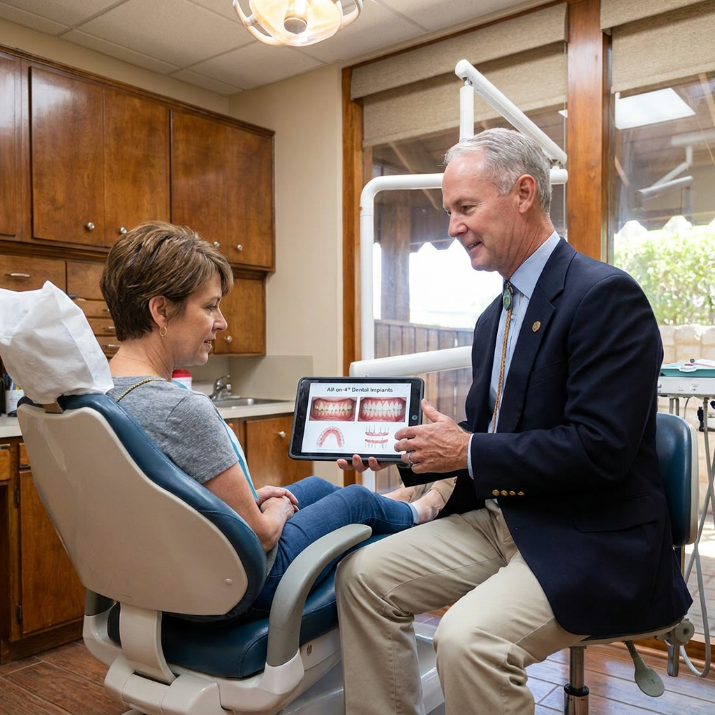 Dr. Cutbirth shows All-on-4 dental implant results on a tablet to a patient in his Waco, TX dental operatory.