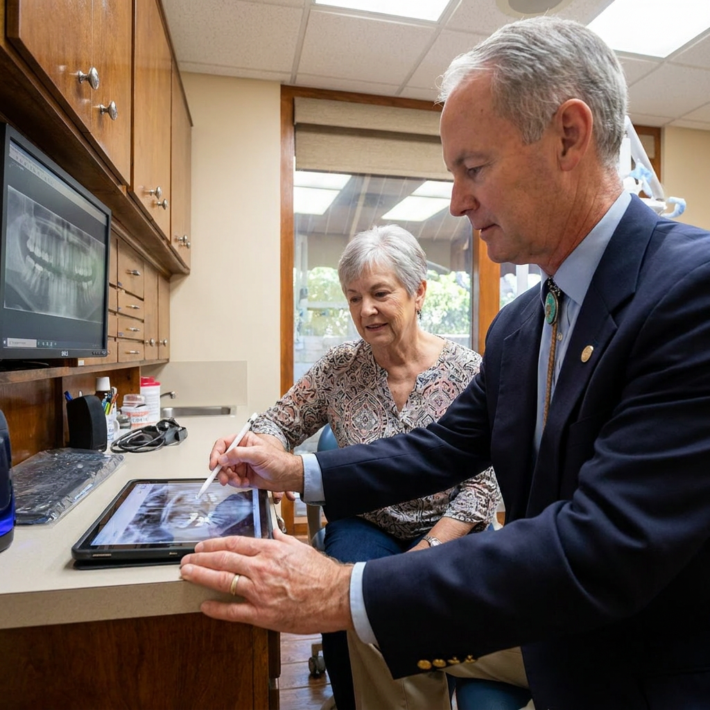 Dr. Cutbirth shows a woman an X-ray on a tablet during a dental bridge consultation in Waco, Texas.