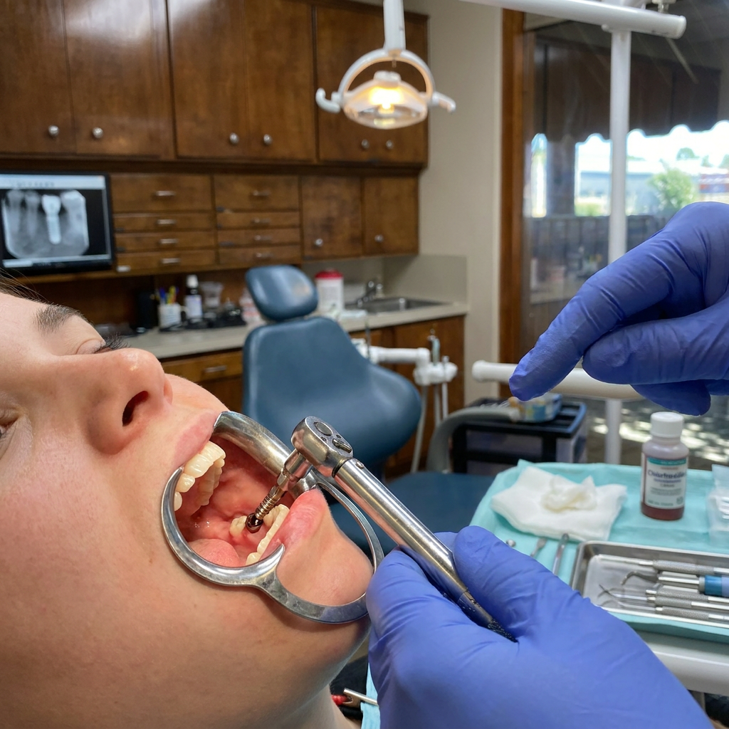 A dental implant ratchet wrench tightens a titanium abutment at Steven T. Cutbirth DDS in Waco, Texas.