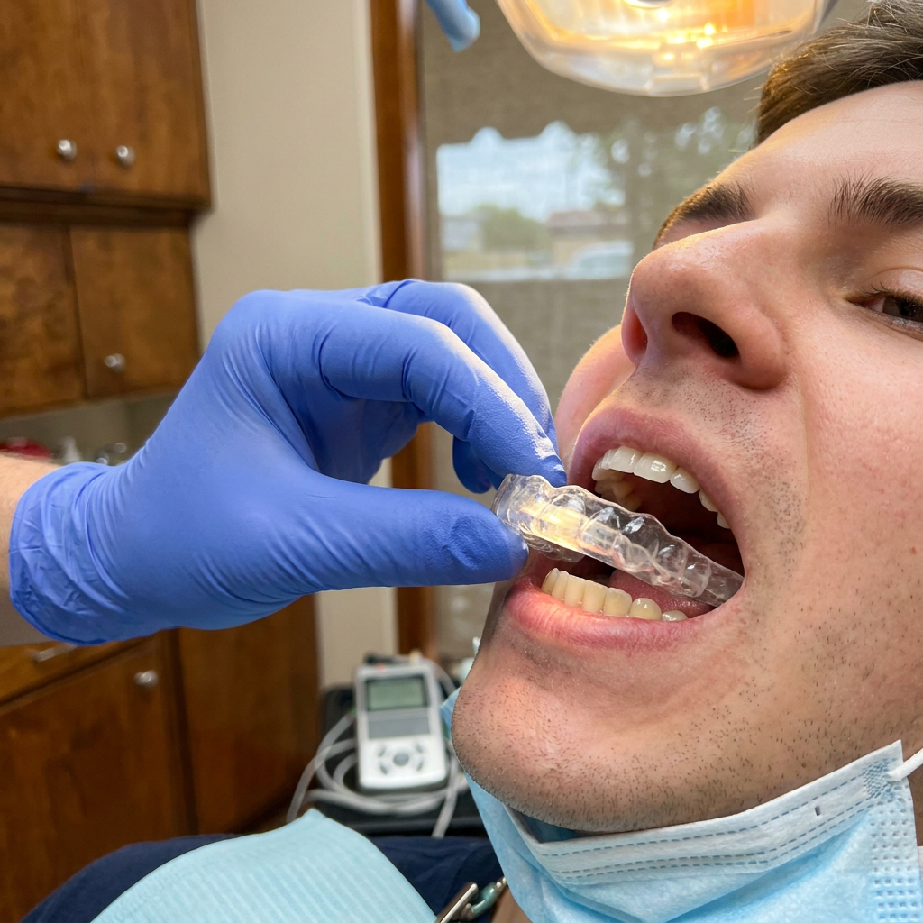 A gloved hand places a clear acrylic bite splint on a patient for TMJ treatment at Steven T. Cutbirth DDS in Waco, TX.