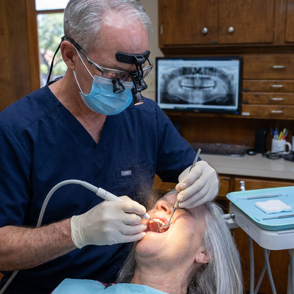 Dr. Cutbirth performs periodontal scaling with an ultrasonic tool at Steven T. Cutbirth DDS in Waco, Texas.