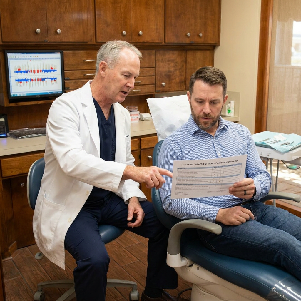 A dentist at Steven T. Cutbirth DDS in Waco, TX reviews a dental cleaning plan with a patient in a modern exam room.