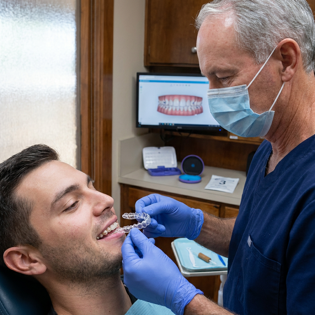 Dr. Cutbirth fitting a clear Invisalign aligner for a patient at Steven T. Cutbirth DDS in Waco, Texas.