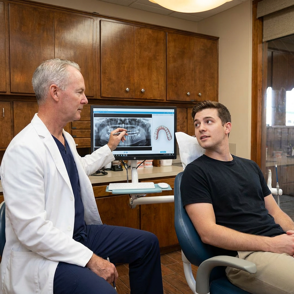 Dr. Steven T. Cutbirth discusses Invisalign treatment with a patient in his Waco office while viewing a digital X-ray.