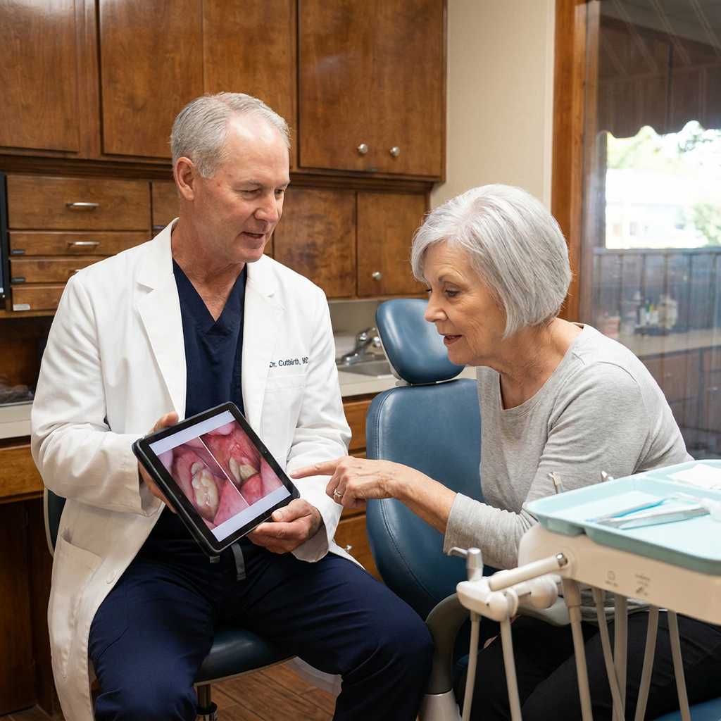 Dr. Cutbirth shows a patient screening images on a tablet at his Waco dental office during an oral cancer consultation.