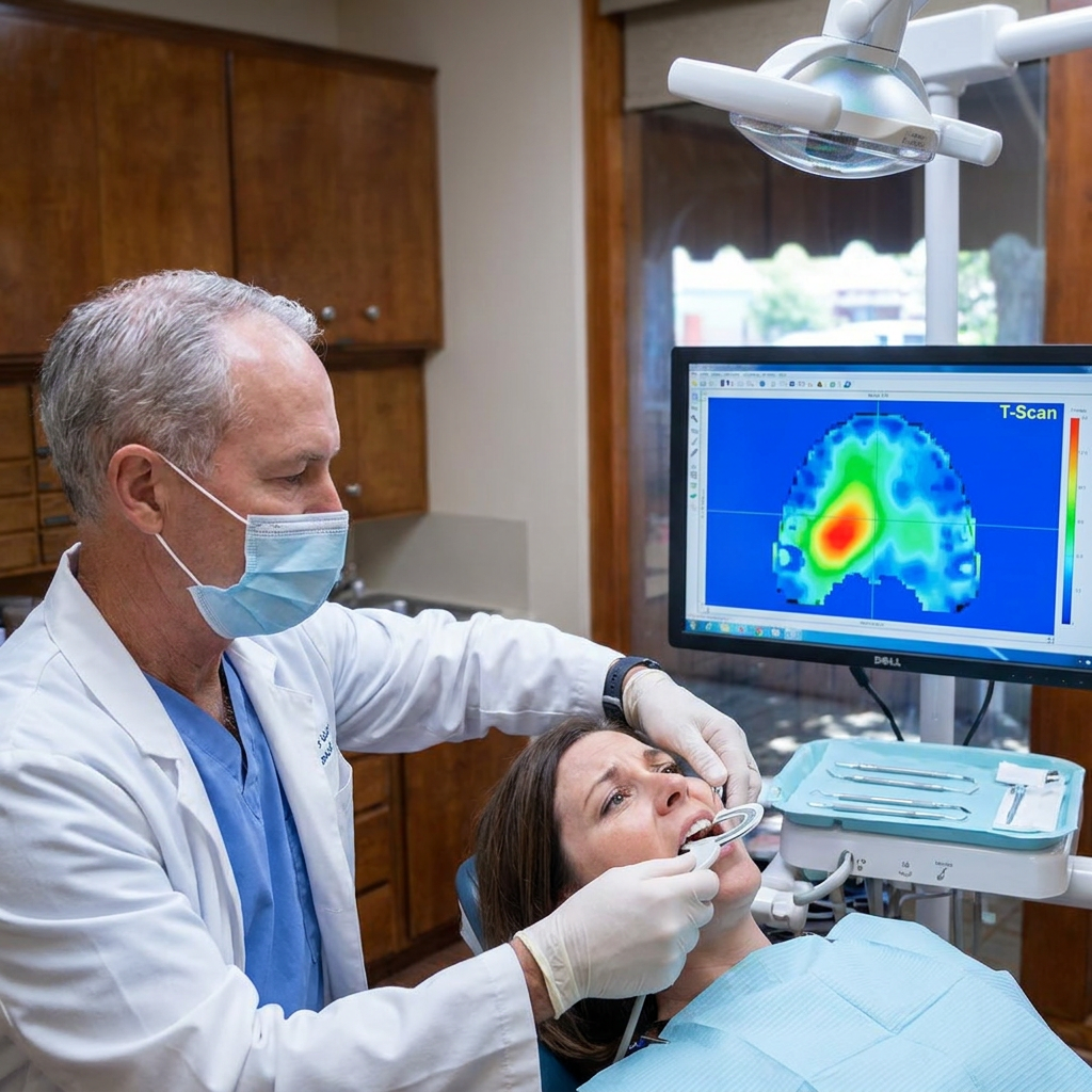 Dr. Steven T. Cutbirth uses a T-Scan sensor to evaluate a patients bite during an emergency visit in Waco, TX.