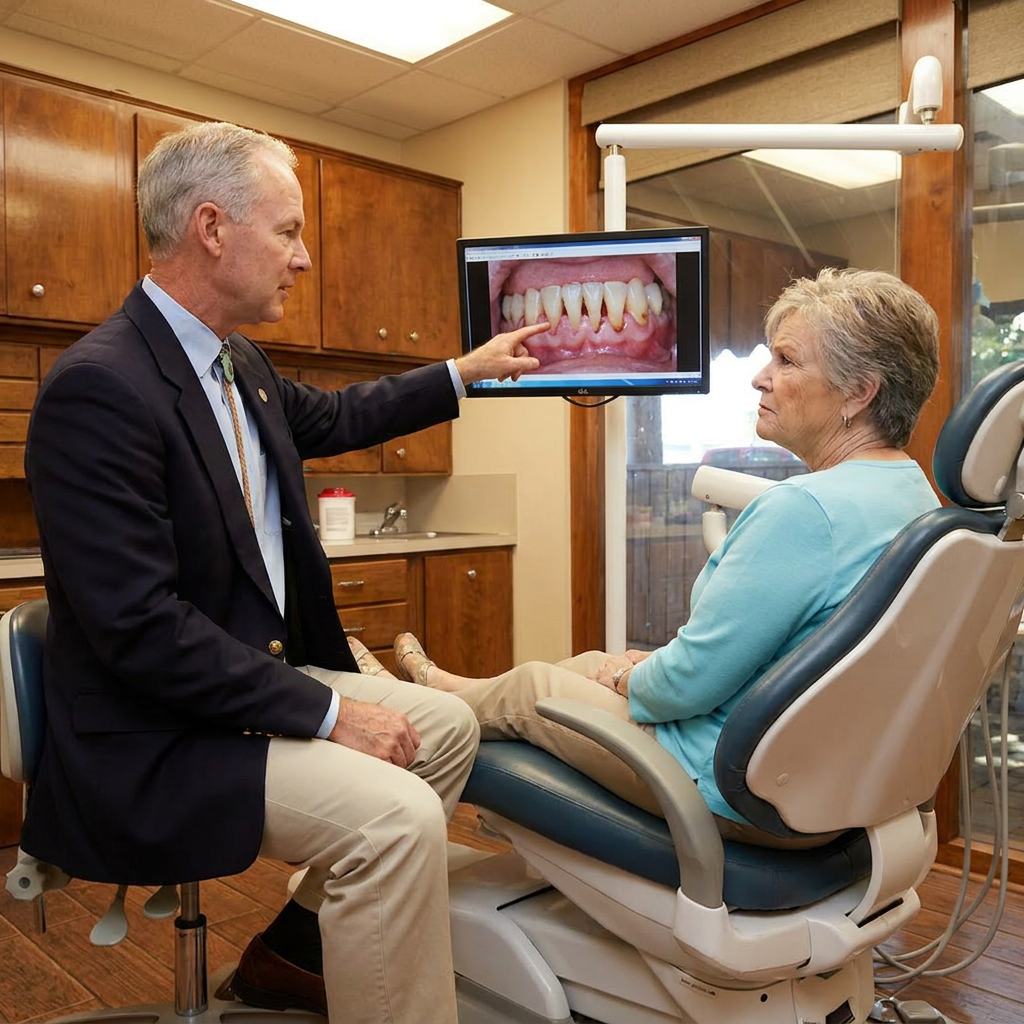 Dr. Steven T. Cutbirth shows a patient periodontal findings on a digital monitor in his Waco, Texas dental office.
