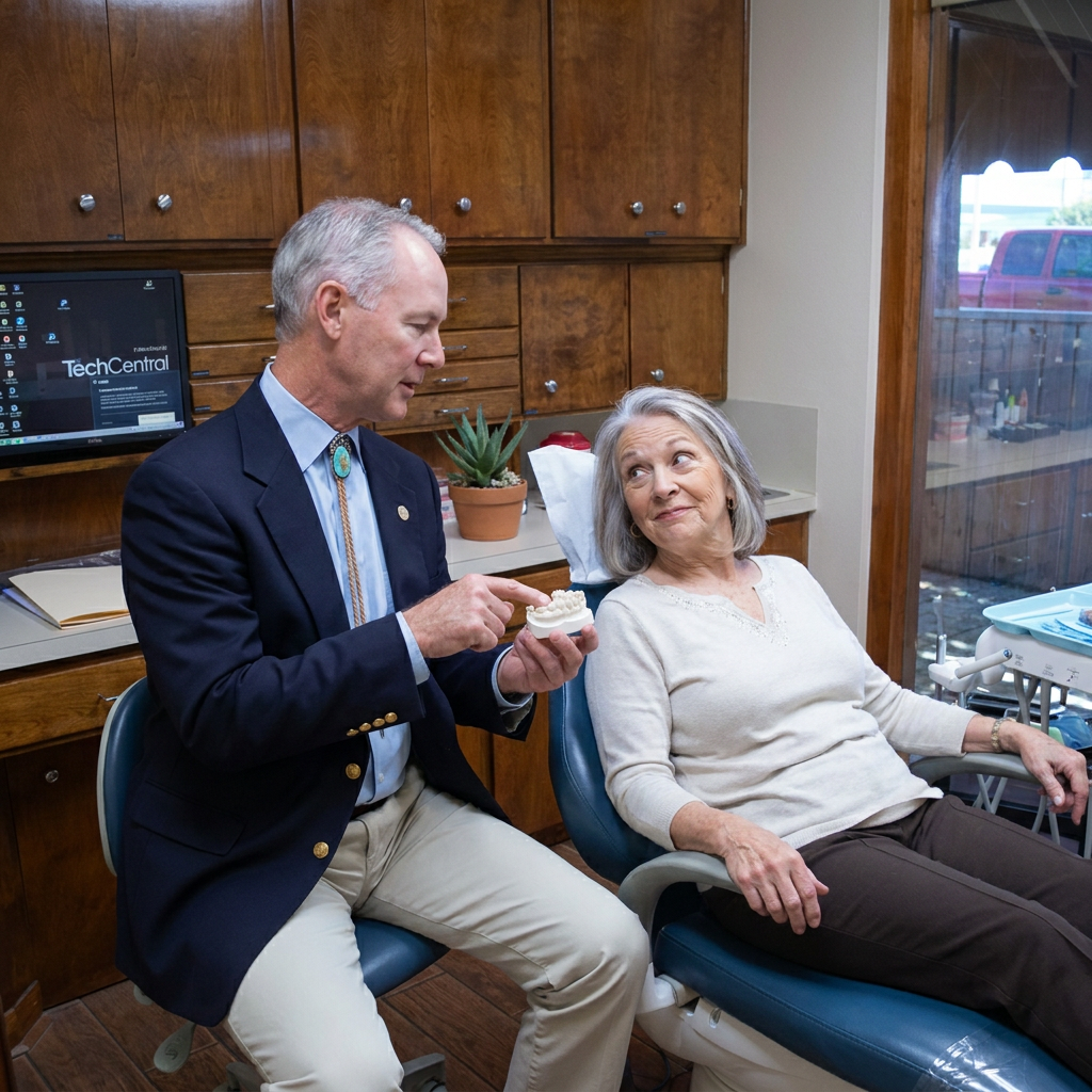 Dr. Steven T. Cutbirth shows a Waco, TX patient a dental model to explain how veneers fit over upper front teeth.