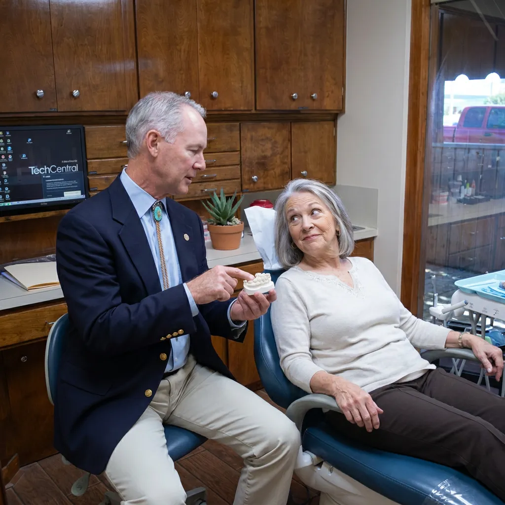 Dr. Steven T. Cutbirth shows a Waco, TX patient a dental model to explain how veneers fit over upper front teeth.