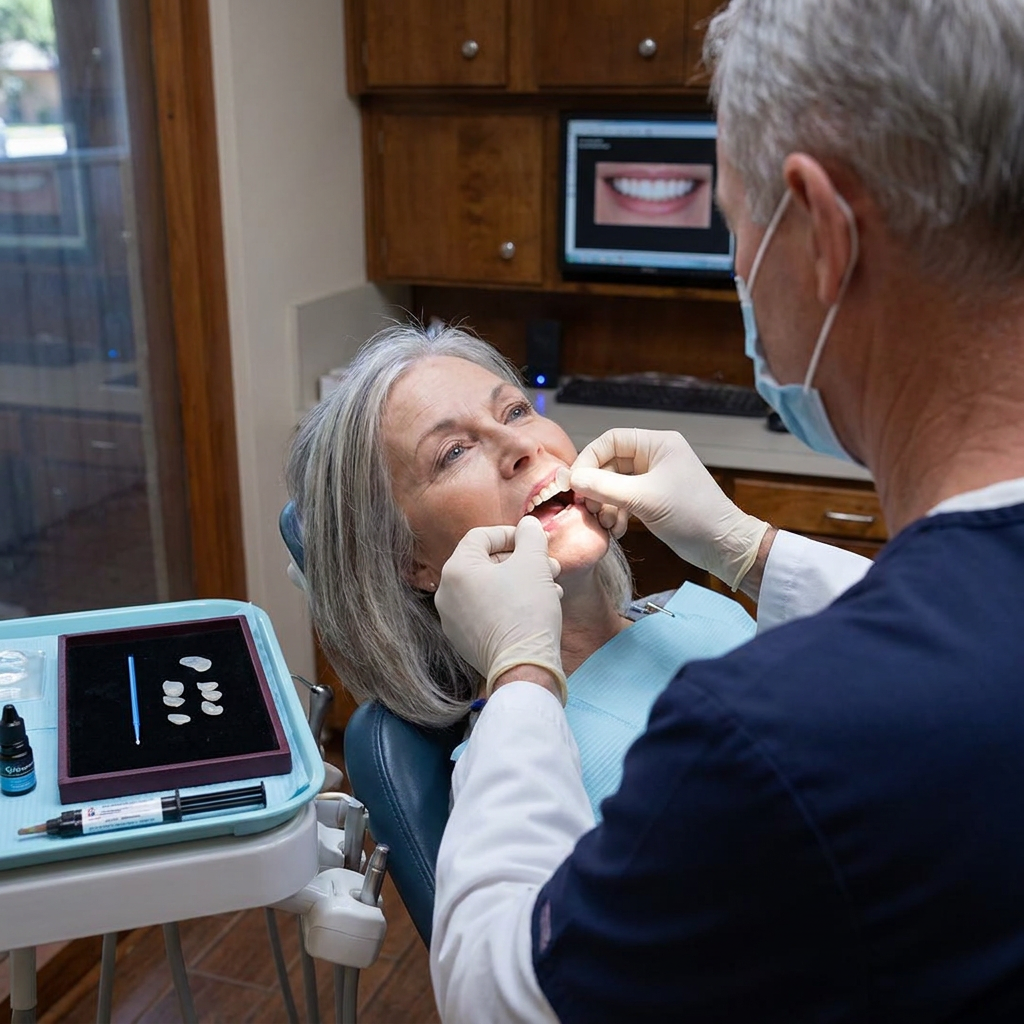 Dr. Steven T. Cutbirth places a custom porcelain veneer on a patient at his Waco, TX dental practice.