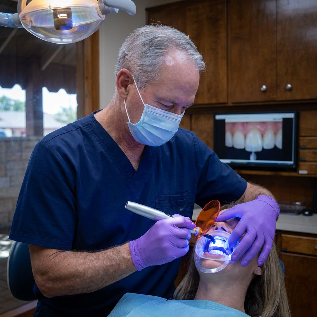 Dr. Cutbirth uses a blue curing light to bond a veneer for a patient at his Steven T. Cutbirth DDS office in Waco, TX.
